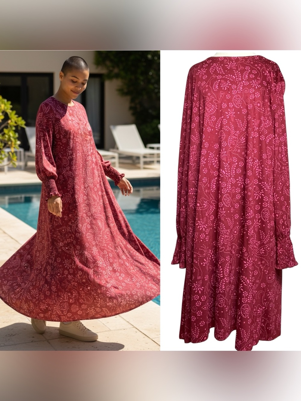 Gudrun Sjoden Lagenlook Jersey Dress 100% Modal Red Floral Leaf Smock Details XL